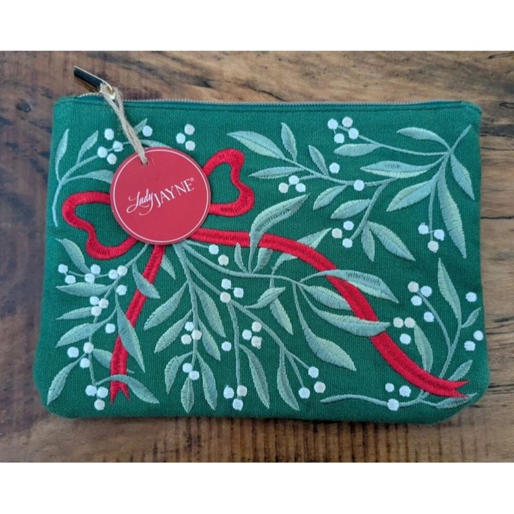 NWT Lady Jane Christmas Embroidered Mistletoe Cosmetic Pouch